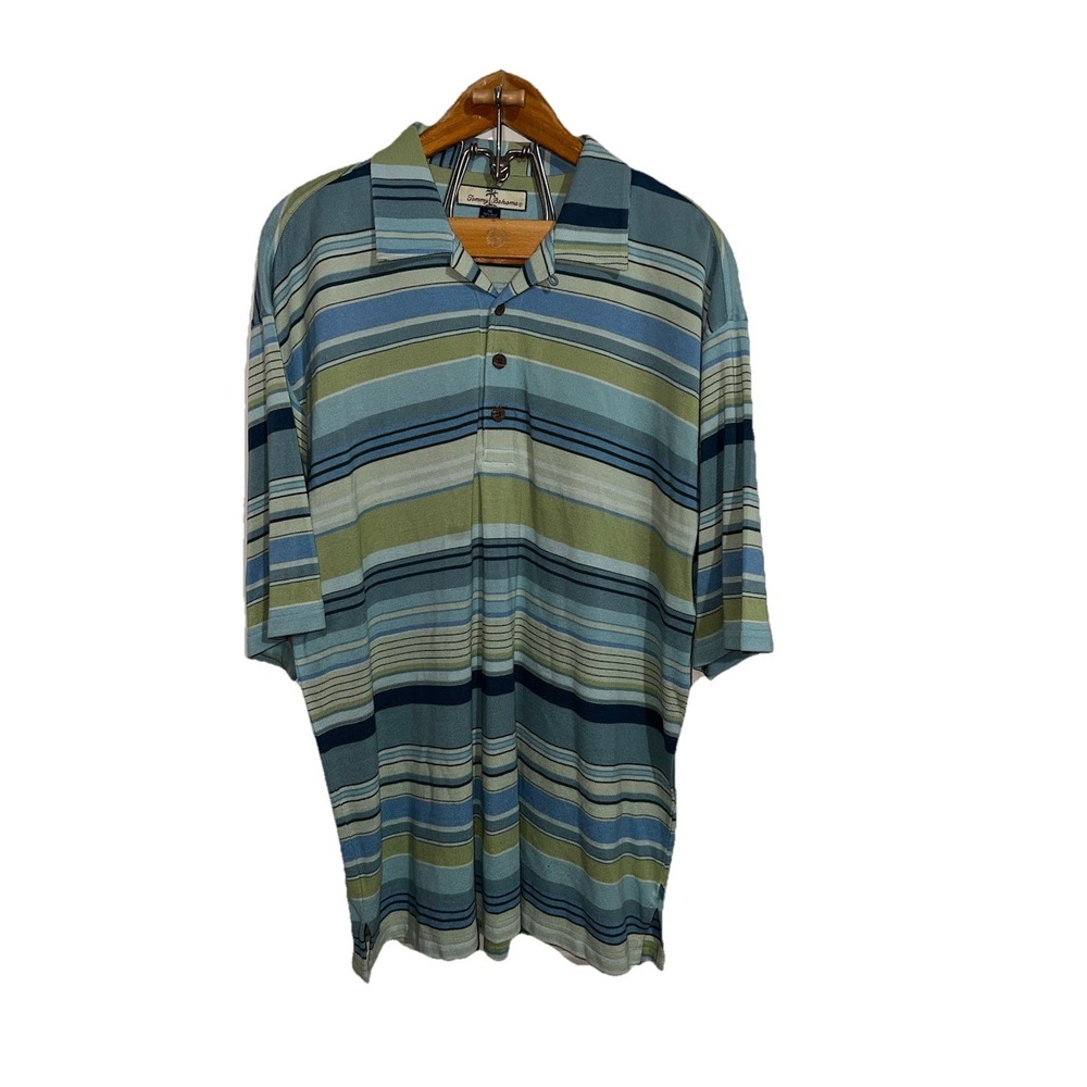 Tommy Bahama Men's 75% Silk Polo Size XL‎  Striped Blue Green